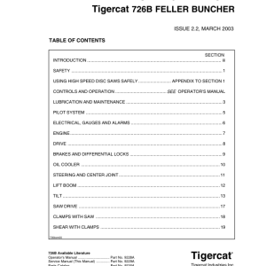 Tigercat 726B Feller Buncher Repair Service Manual (SN 7261001 - 7261999)