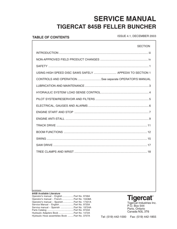 Tigercat 845B Feller Buncher Repair Service Manual (SN 8450501 - 8451499)