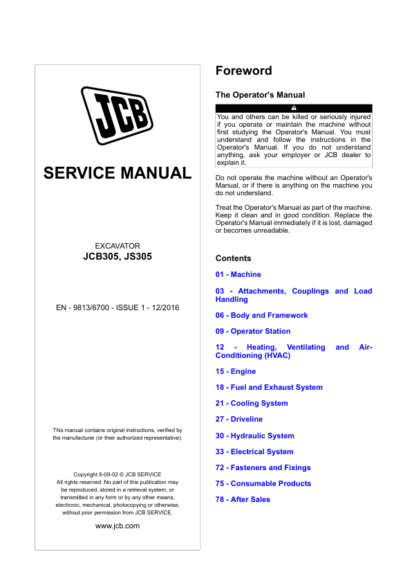 JCB JCB305, JS305 Excavator Service Repair Manual