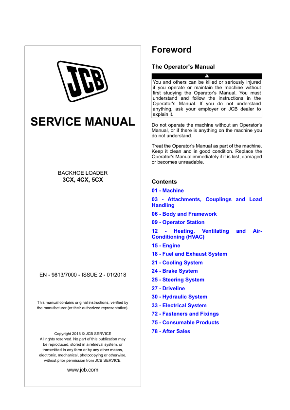 JCB 3CX, 4CX, 5CX Backhoe Loader Service Repair Manual (Tier 2 & Tier 3, SN 2254521- 2517500)