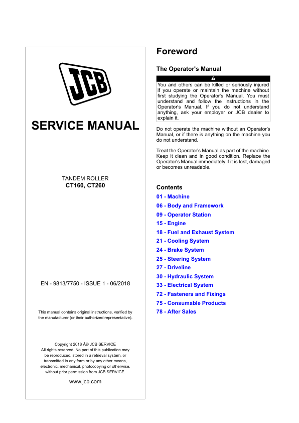 JCB CT160, CT260 Tandem Roller Service Repair Manual