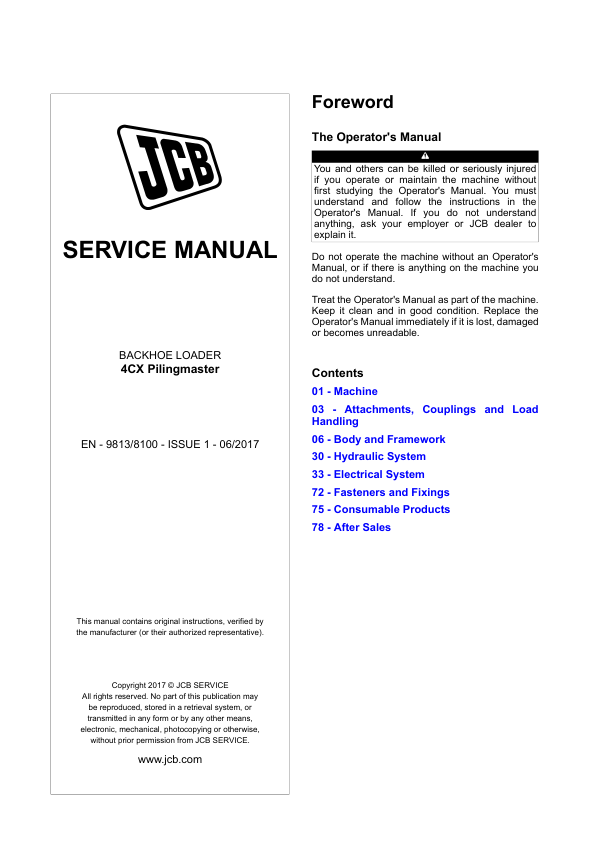 JCB 4CX Pilingmaster Loader Service Repair Manual