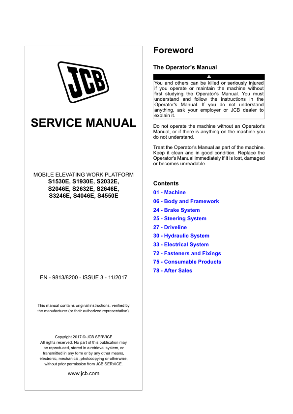 JCB S1530E, S1930E, S2032E, S2046E, S2632E, S2646E, S3246E, S4046E, S4550E Repair Manual