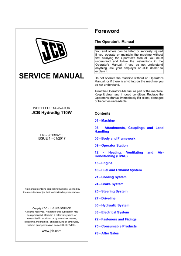 JCB 110W Hydradig Wheleed Excavator Service Repair Manual