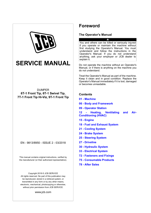 JCB 6T-1 Front Tip, 6T-1 Swivel Tip, 7T-1 Front Tip Hi-Viz, 9T-1 Front Tip Dumper Repair Manual
