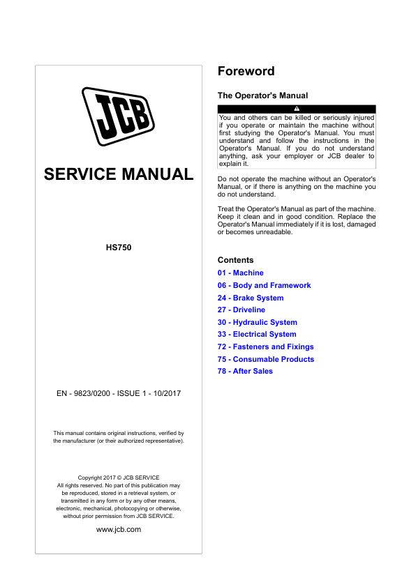 JCB HS750 Transmission Axle Service Repair Manual