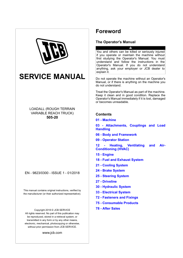 JCB 505-20 Loadall Reach Truck Service Repair Manual