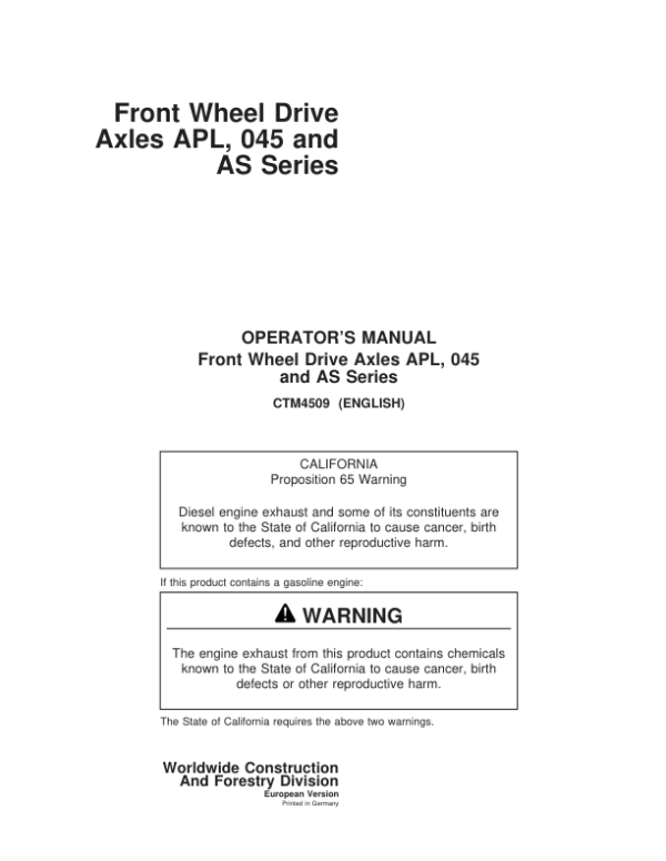 John Deere Front Wheel Drive Axles APL, 045 and AS Series Repair Manual (CTM4509)