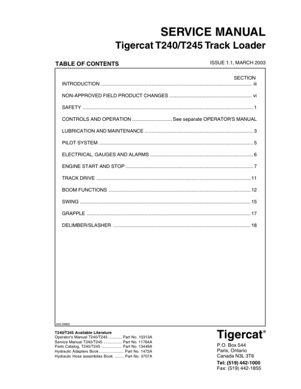 Tigercat T240, T245 Loader Repair Service Manual