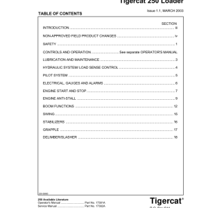 Tigercat 250 Loader Repair Service Manual (2500101 - 2500499)