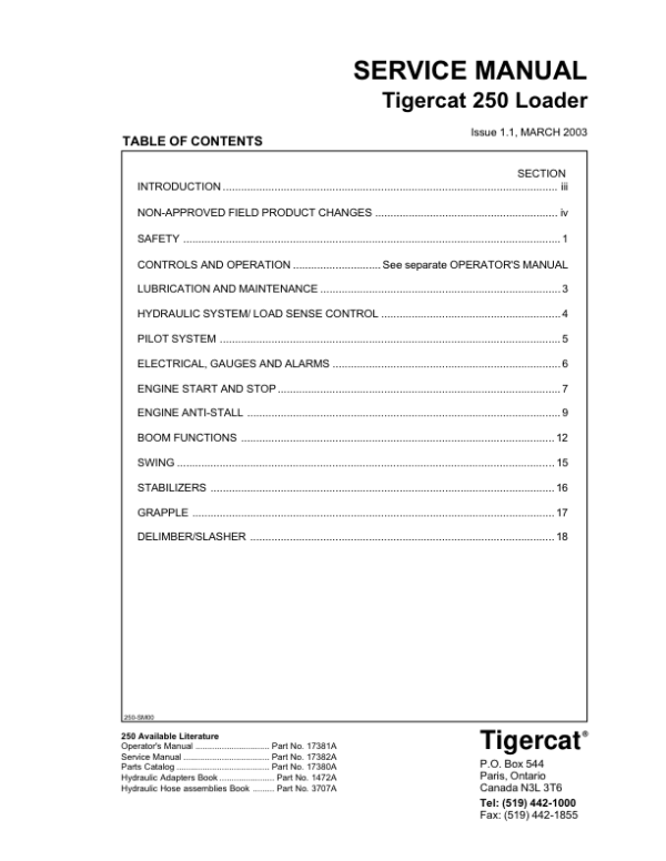 Tigercat 250 Loader Repair Service Manual (2500101 - 2500499)