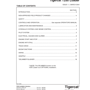 Tigercat T250 Loader Repair Service Manual (250T0101 - 250T0499)