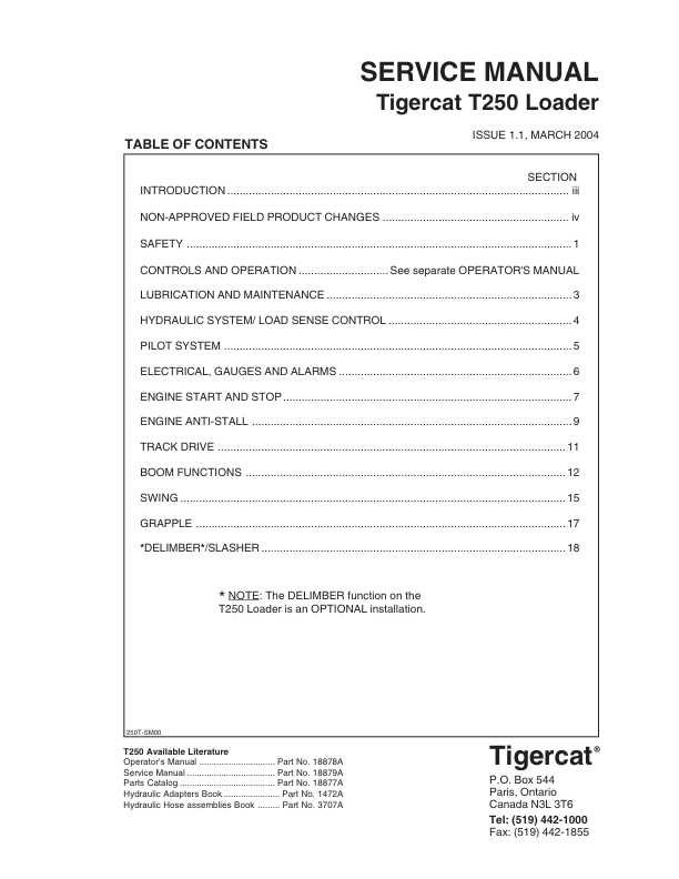 Tigercat T250 Loader Repair Service Manual (250T0101 – 250T0499)