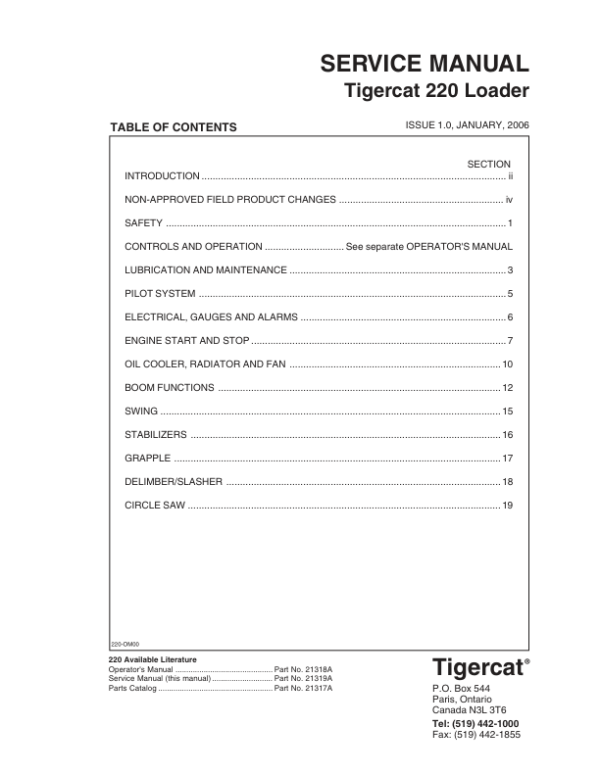 Tigercat 220 Loader Repair Service Manual (2200111 - 2200500)