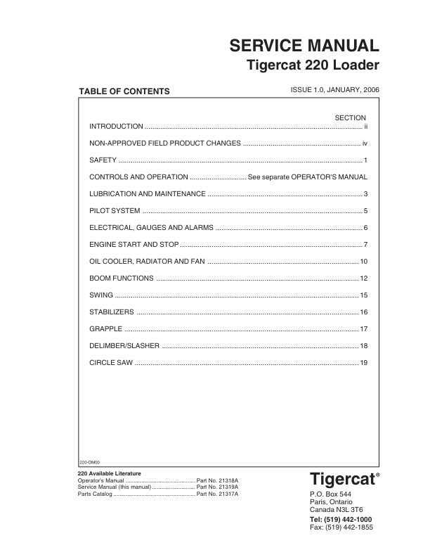 Tigercat 220 Loader Repair Service Manual (2200111 – 2200500)
