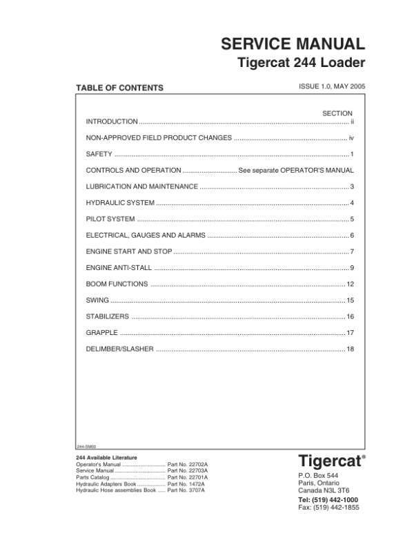 Tigercat 244 Loader Repair Service Manual (2440111 - 2440500)