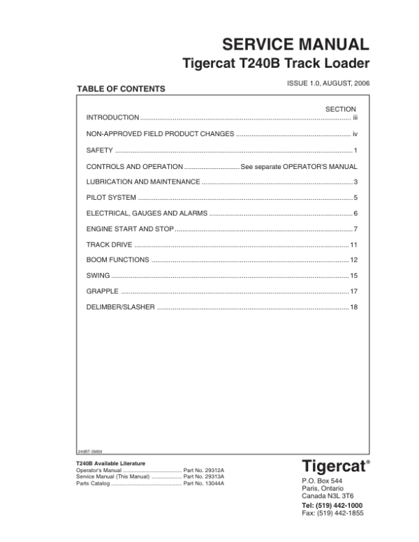 Tigercat T240B Loader Repair Service Manual (240T0201 - 240T1000)