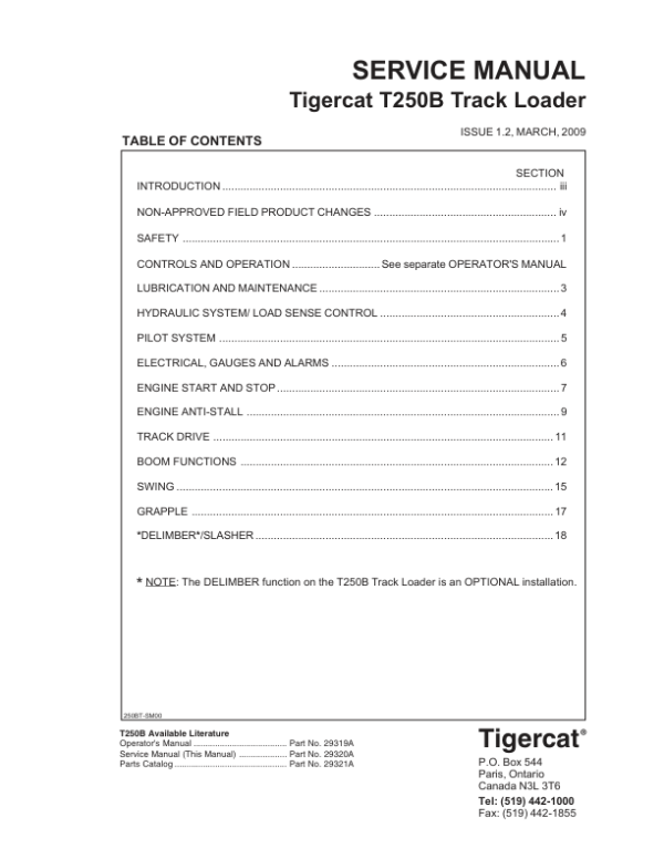 Tigercat T250B Loader Repair Service Manual (250T0501 - 250T2000)
