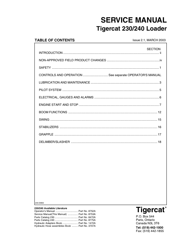 Tigercat 230, 240 Loader Repair Service Manual