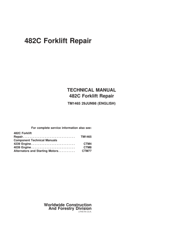 John Deere 482C Forklift Repair Technical Manual TM1465