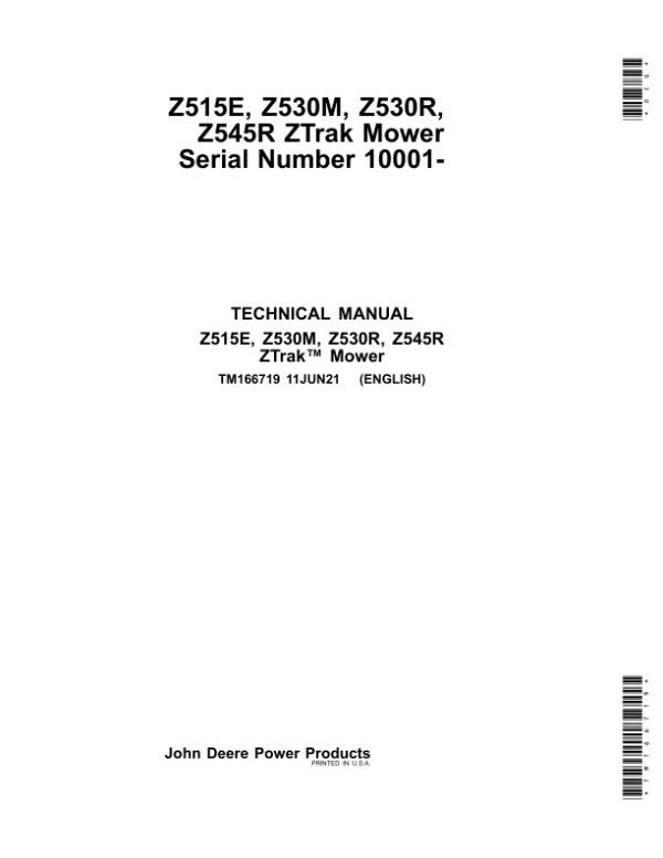 John Deere Z515E, Z530M, Z530R, Z545R ZTrak Mower Repair Manual TM166719