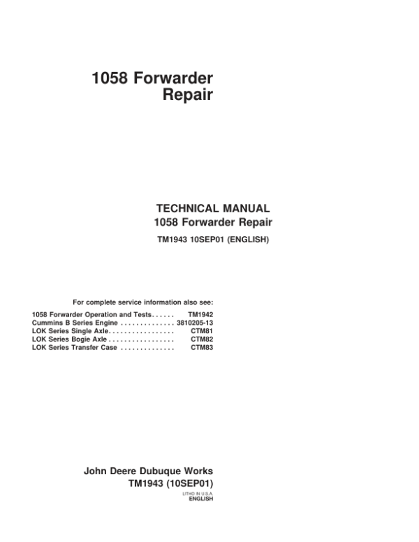 John Deere 1058 Forwarder Repair Technical Manual - TM1943