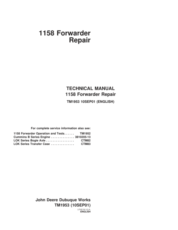 John Deere 1158 Forwarder Repair Technical Manual - TM1953